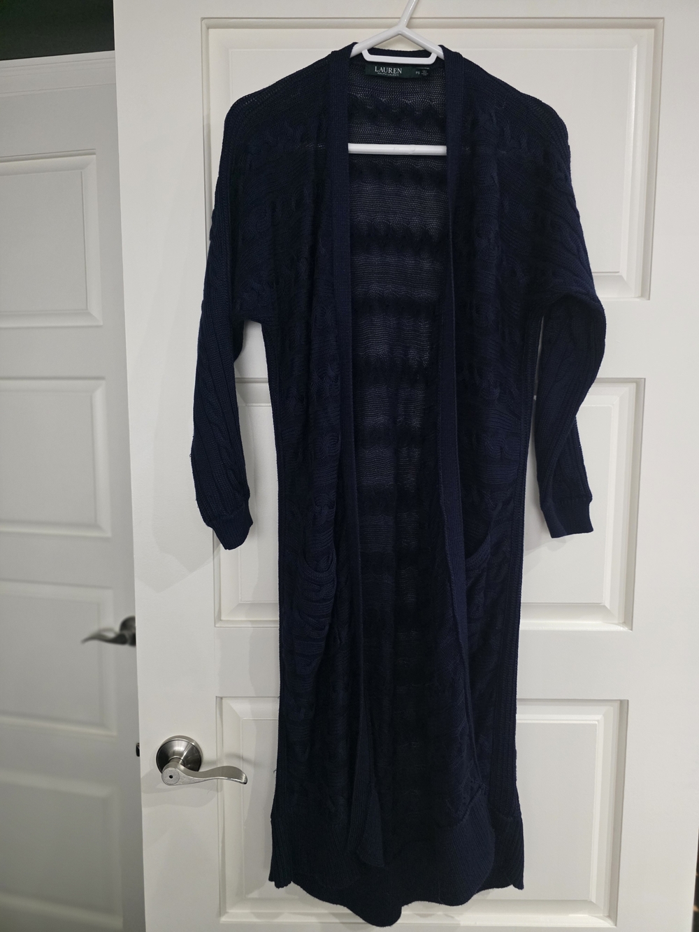 Ralph Lauren Deep Navy Long Cable-Detail Open Cardigan Sweater S Like New